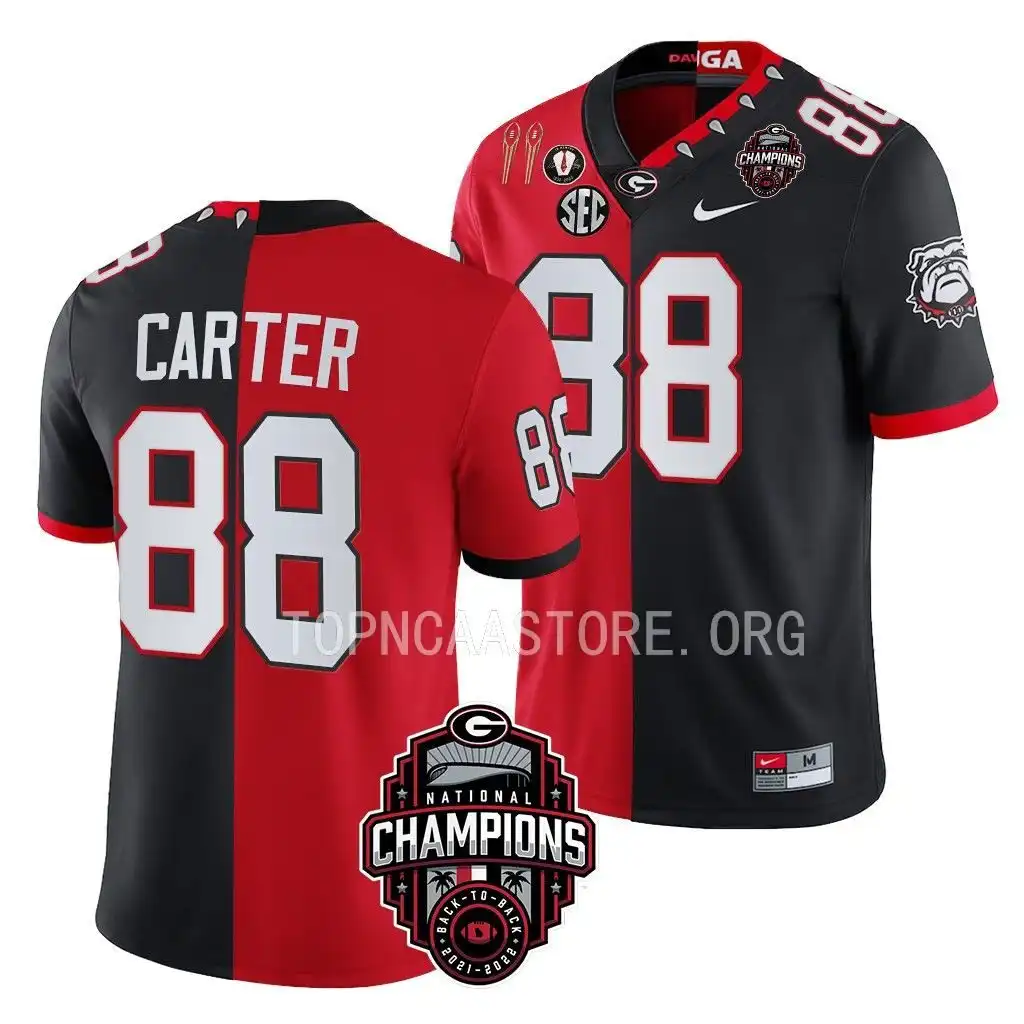 Men's Georgia Bulldogs #88 Jalen Carter Back-To-Back Red College 2X National Champions Black Split Football Jersey 2410PUYX4