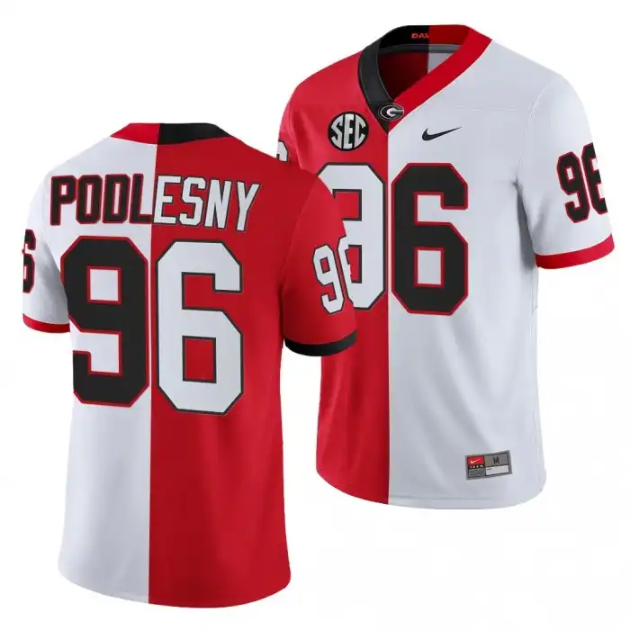 Men's Georgia Bulldogs #96 Jack Podlesny 2021-22 Red College Split Edition White Football Jersey 2410YVMK5