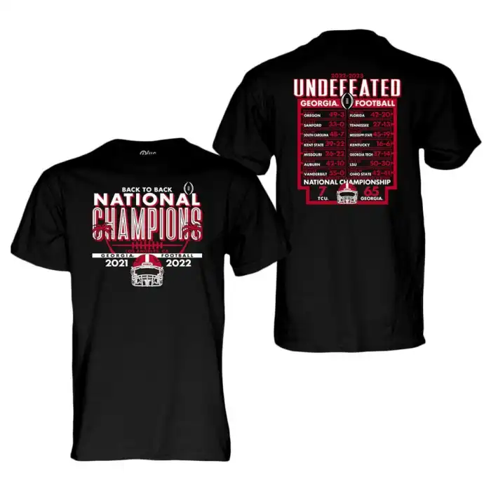 Men's Georgia Bulldogs Blue 84 Playoff National Champions Schedule College Back-To-Back Black Football T-Shirt 2410IXNN4