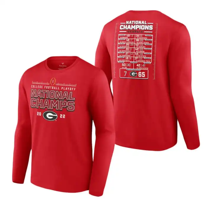 Men's Georgia Bulldogs Fanatics Branded 2022 National Champions Long Sleeve College Playoff Schedule Red Football T-Shirt 2410DEWF5