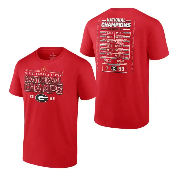 Men's Georgia Bulldogs Fanatics Branded 2022 National Champions Red College Playoff Schedule Football T-Shirt 2410IROX7