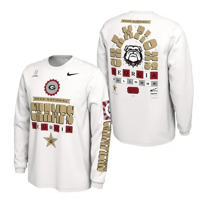 Men's Georgia Bulldogs Playoff Celebration White College 2022 National Champions Long Sleeve Football T-Shirt 2410WQFY4