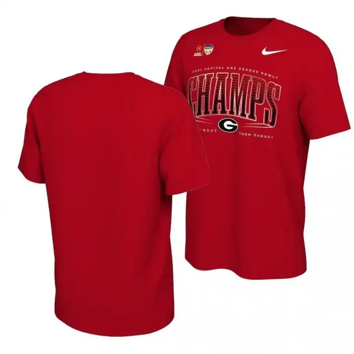 Men's Georgia Bulldogs Red Champions College 2021 Orange Bowl Locker Room Football T-Shirt 2410QPVD5