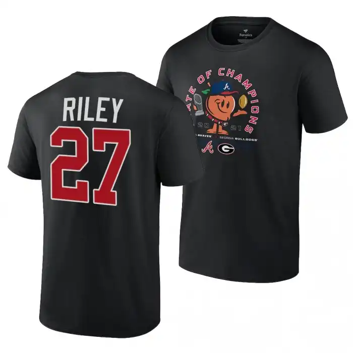 Men's Georgia Bulldogs x Atlanta Braves College Austin Riley 2021 State of Champions 27 Black Peach Football T-Shirt 2410LMUG7