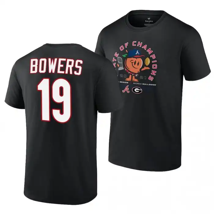 Men's Georgia Bulldogs x Atlanta Braves College Brock Bowers 2021 State of Champions 19 Black Peach Football T-Shirt 2410MJOO7