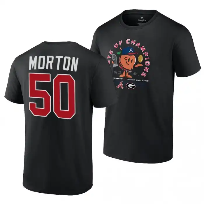 Men's Georgia Bulldogs x Atlanta Braves College Charlie Morton 2021 State of Champions 50 Black Peach Football T-Shirt 2410NTXO5