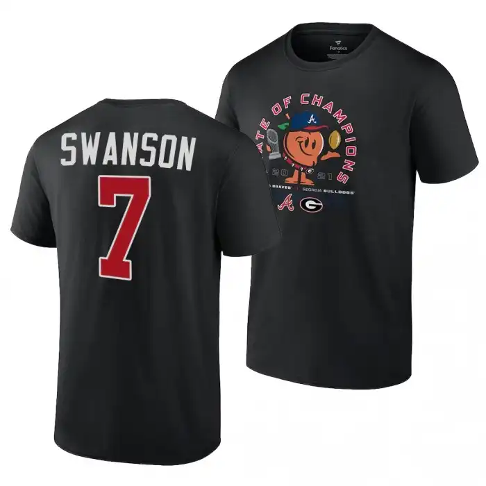 Men's Georgia Bulldogs x Atlanta Braves College Dansby Swanson 2021 State of Champions 7 Black Peach Football T-Shirt 2410CKNG6