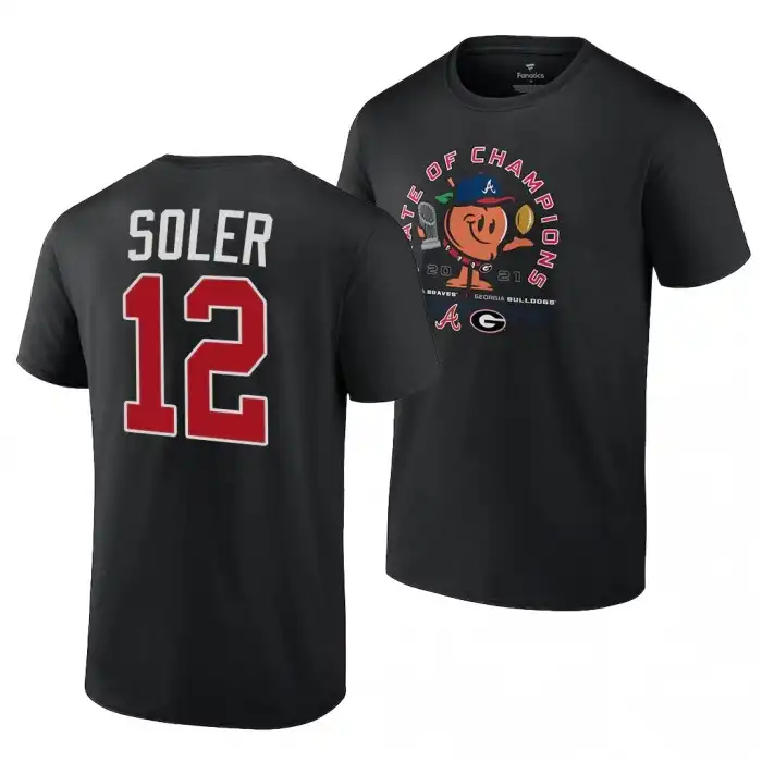 Men's Georgia Bulldogs x Atlanta Braves College Jorge Soler 2021 State of Champions 12 Black Peach Football T-Shirt 2410NLFP8