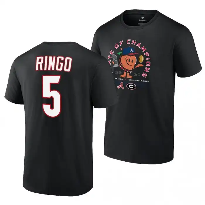 Men's Georgia Bulldogs x Atlanta Braves College Kelee Ringo 2021 State of Champions 5 Black Peach Football T-Shirt 2410FQLP7