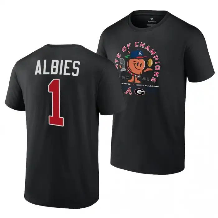 Men's Georgia Bulldogs x Atlanta Braves College Ozzie Albies 2021 State of Champions 1 Black Peach Football T-Shirt 2410MJMU6