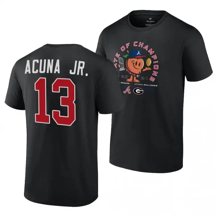 Men's Georgia Bulldogs x Atlanta Braves College Ronald Acuna Jr. 2021 State of Champions 13 Black Peach Football T-Shirt 2410GKWP2