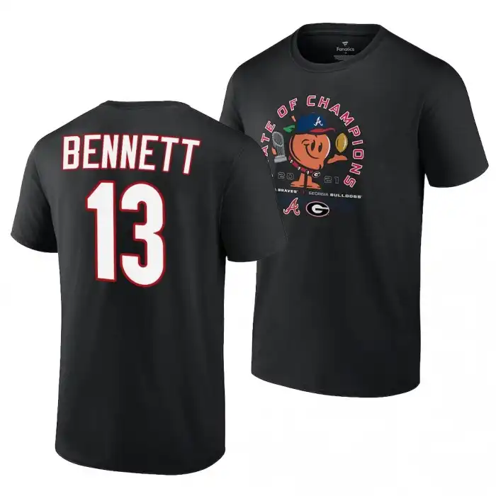 Men's Georgia Bulldogs x Atlanta Braves College Stetson Bennett 2021 State of Champions 13 Black Peach Football T-Shirt 2410VQFR8