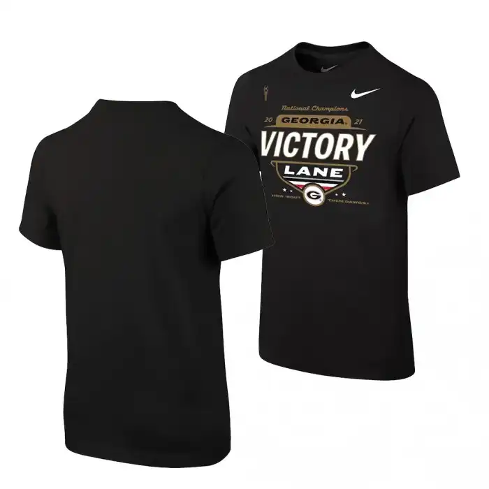 Youth Georgia Bulldogs 2021 National Champions College CFP Black ocker Room Victory Lane Football T-Shirt 2410ZEEH7